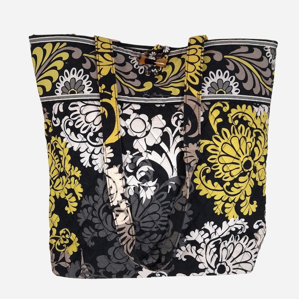 Vera Bradley Yellow Black Gray Floral Quilted Tote Bag Shoulder Purse